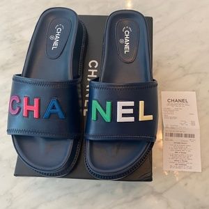 Chanel 22S Ivory Lambskin Multicolor CHA NEL Letter Logo Flat Slide Sandal Sz 41